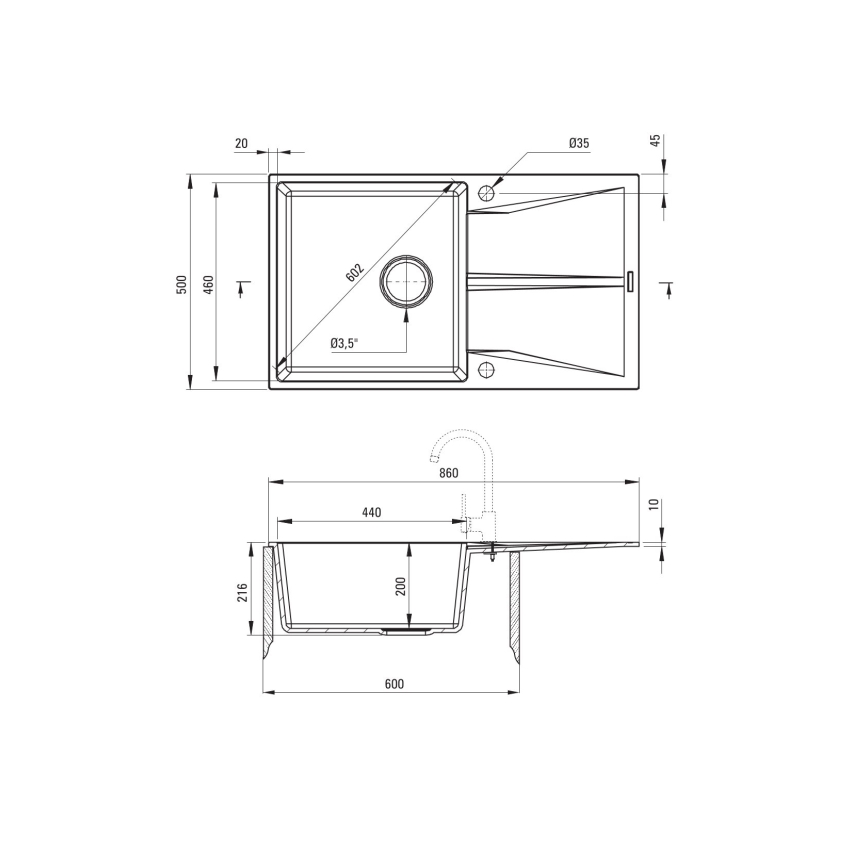 Deante ZRC_211A - Virtuves izlietne CORIO 50x86 cm granīts/grafīta