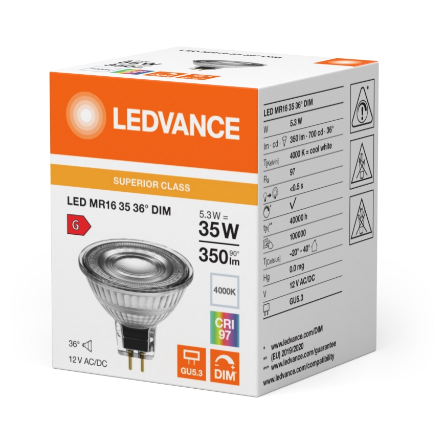 LED regulējama reflektora spuldze MR16 GU5,3/5,3W/12V 4000K 36° CRI 97 - Ledvance