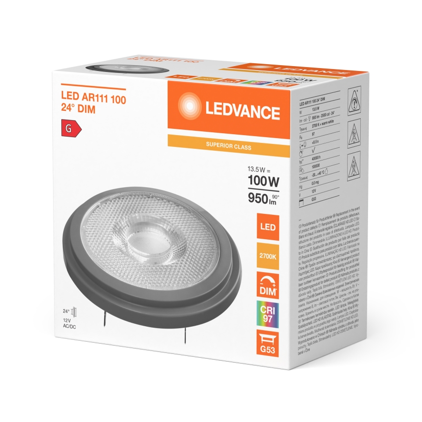 Dimmējama LED spuldze AR111 G53/13,5W/12V 2700K 24° CRI 97 - Ledvance