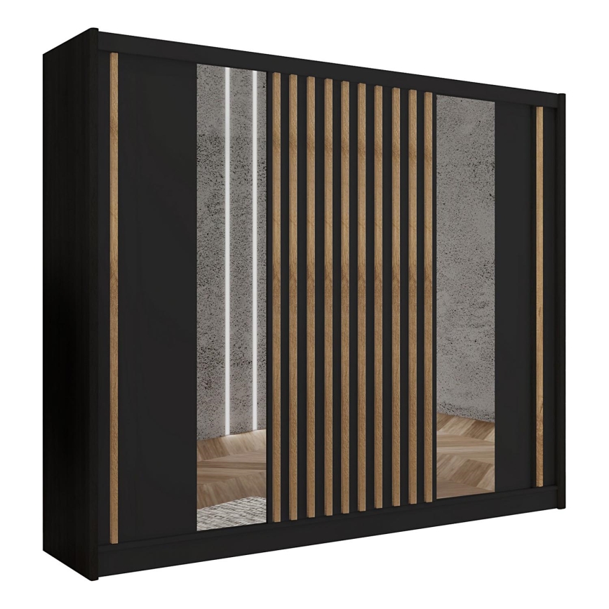 Drēbju skapis ar spoguli SANTINO 250x215 cm melns/ozols craft