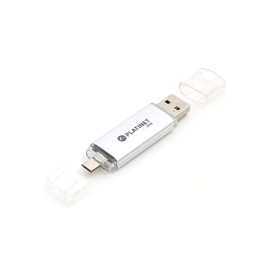 Dubultā zibatmiņa USB + MicroUSB 32GB Sudraba