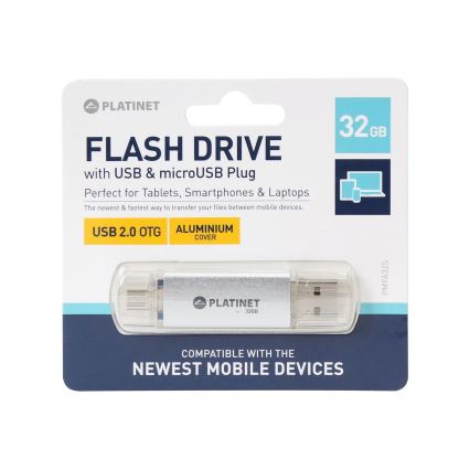 Dubultā zibatmiņa USB + MicroUSB 32GB Sudraba