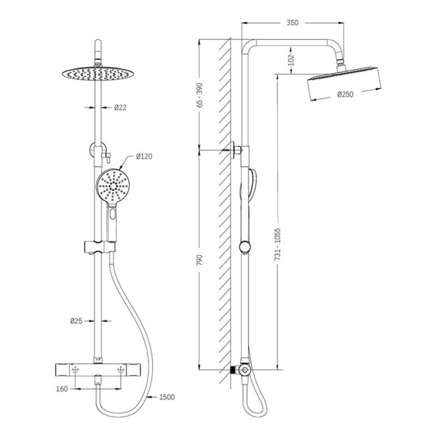 Dušas komplekts ar termostatisku jaucējkrānu DRAGOR, pulēts misiņš