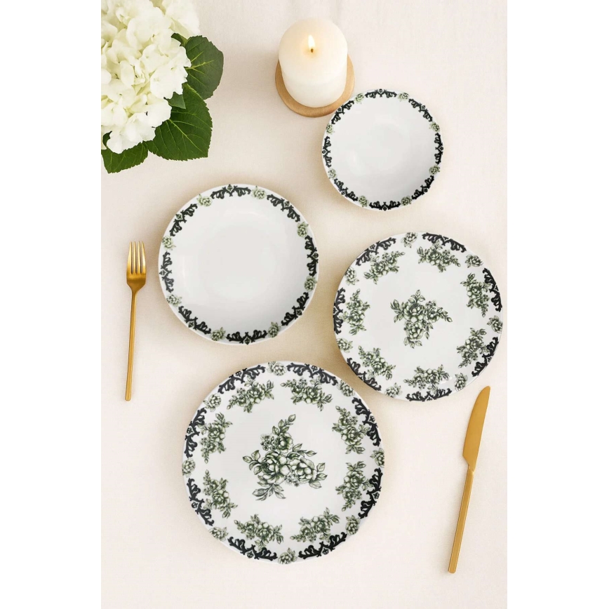 Ēdamistabas komplekts 24 gab. balts/zaļš/porcelāns