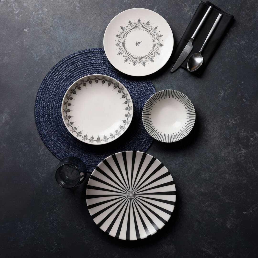 Ēdienu komplekts, 24 gab., porcelāns — balta/melna