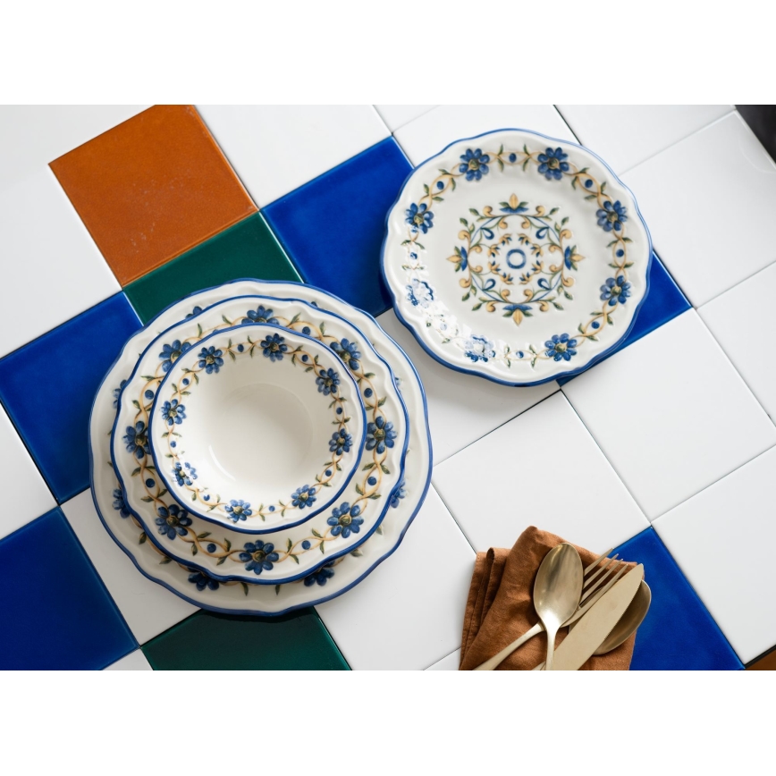 Ēdienu servīze 24 gab. balta/zila/dzeltena/porcelāns