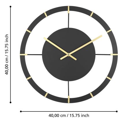 Eglo - Sienas pulkstenis 1xAA d. 40 cm melna/zelta