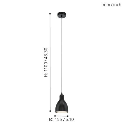Eglo 55243 - Piekaramā lampa uz troses PRIDDY 1xE27/60W/230V, melna