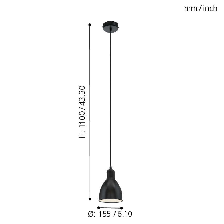 Eglo 55243 - Piekaramā lampa uz troses PRIDDY 1xE27/60W/230V, melna