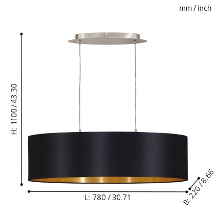 Eglo 55266 - Lustra ar auklu MASERLO 2xE27/60W/230V melna