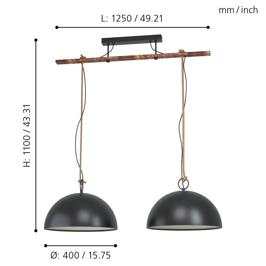 Eglo 78444 - Lustra ar auklu HODSOLL 2xE27/40W/230V melna/brūna