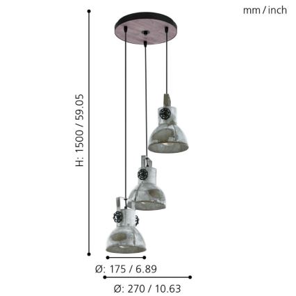 Eglo 79371 - Pakarināmais gaismeklis uz vada BARNSTAPLE 3xE27/40W/230V brūns/patina