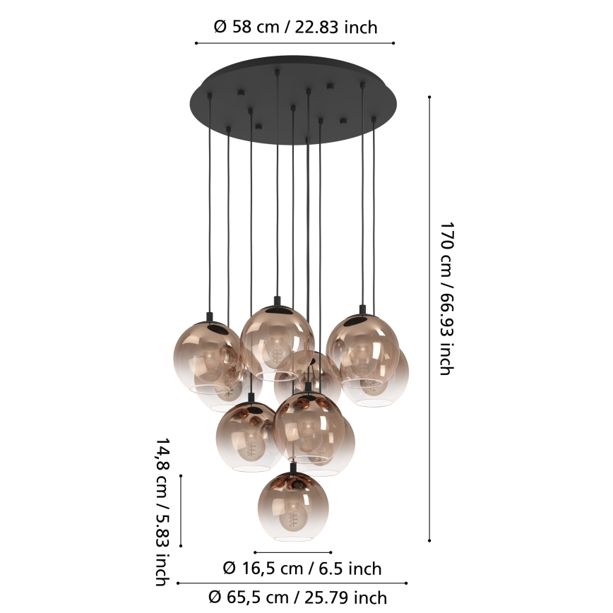Eglo - Piekaramā lustra uz kabeļa 10xE27/60W/230V melna/bēša/dūmaina