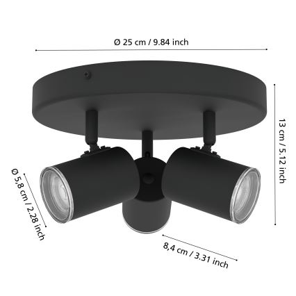Eglo - Vannas istabas spotgaismeklis 3xGU10/5W/230V Ø 25 cm IP44 melns