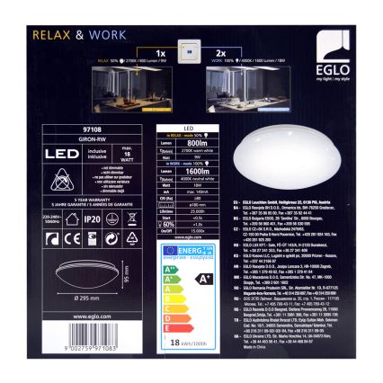 Eglo 97108 - LED Griestu lampa GIRON-RW 1xLED/18W/230V 2700K-4000K