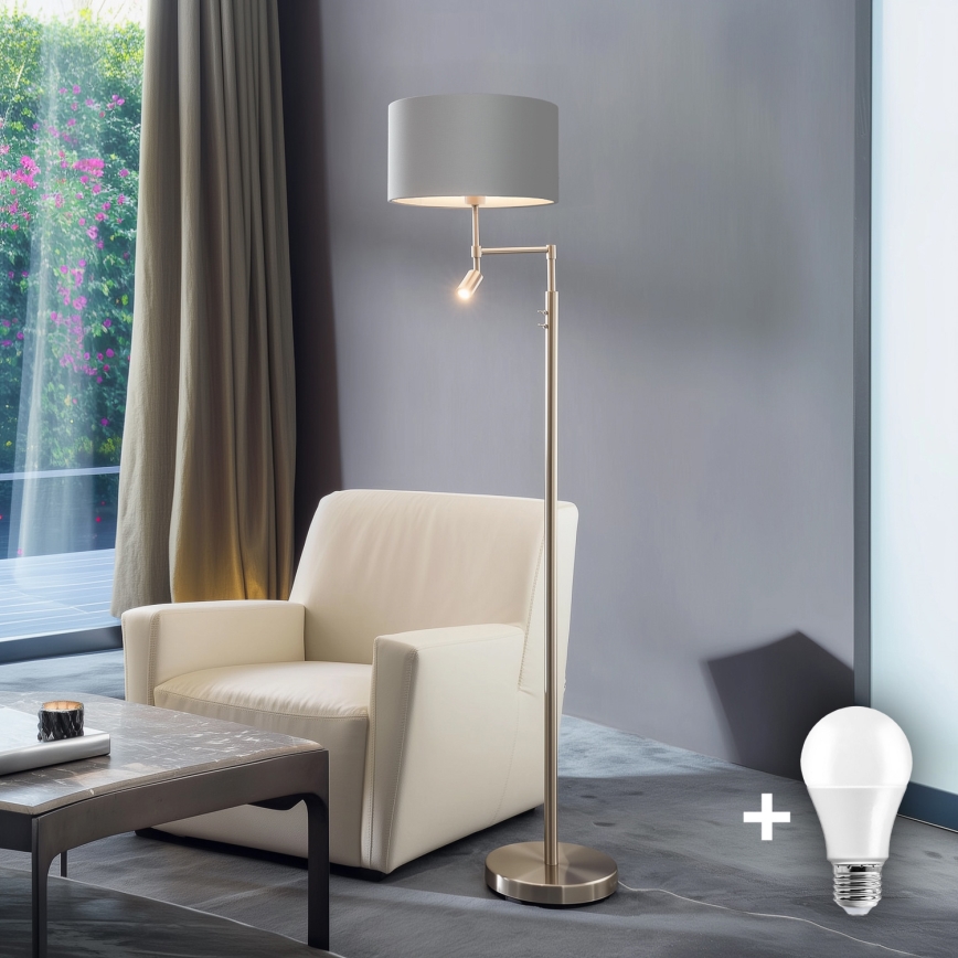 Eglo - LED Grīdas stāvlampa TUNJA 1xE27/60W/230V + LED/2,1W d. 38 cm matēts hroms/pelēka
