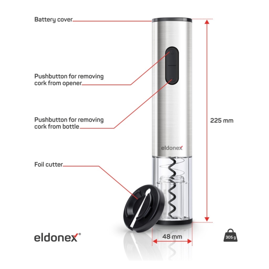 ELDONEX EWO-2200-SL - Elektriskais vīna attaisāmais 4xAA matēts hroms