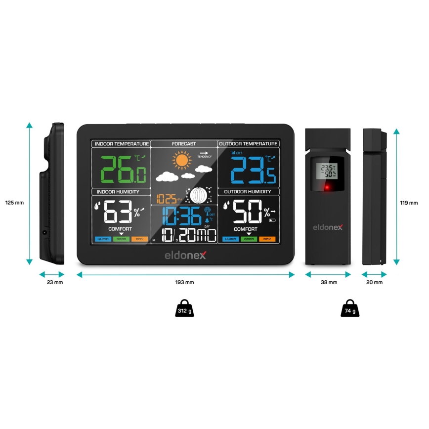 ELDONEX EWS-1010-BK - Meteostacija ar LCD ekrānu 2xAAA melna