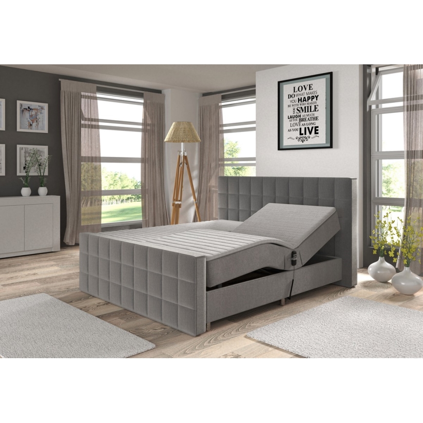 Electric adjustable upholstered bed with mattresses and topper HELEN 180x200 cm pelēka
