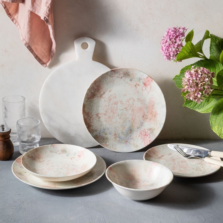 Eleganta 24 daļu porcelāna servīze — rozā/bēša