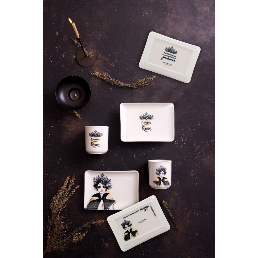 Eleganta 4 daļu vakariņu servīze, melna/balta, porcelāns