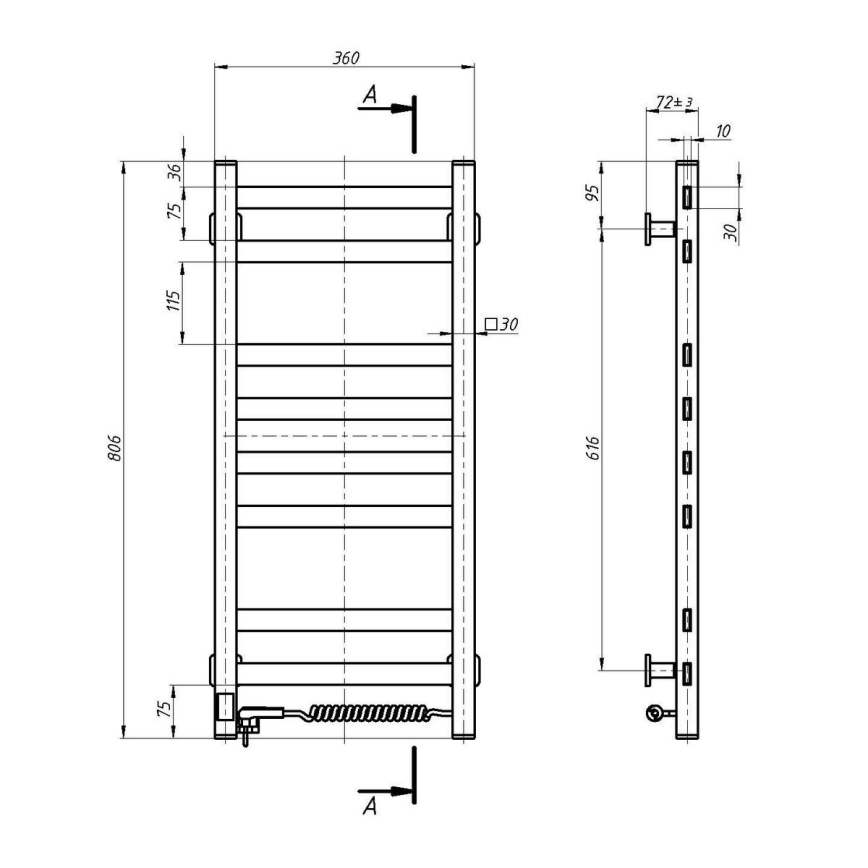 Elektriskais dvieļu žāvētājs ar termostatu AVANGARD 105W 80x36 cm, balts, labais