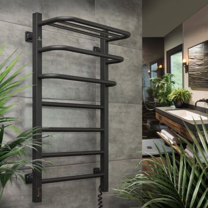 Elektriskais dvieļu žāvētājs ar termostatu FORTIS, 155 W, 80 x 48 cm — melns, ar pieslēgumu labajā pusē