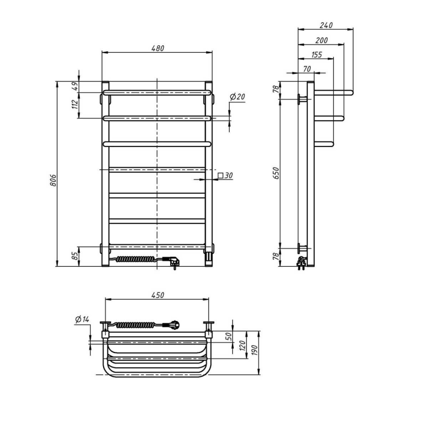Elektriskais dvieļu žāvētājs ar termostatu FORTIS, 155 W, 80x48 cm, melns, kreisais