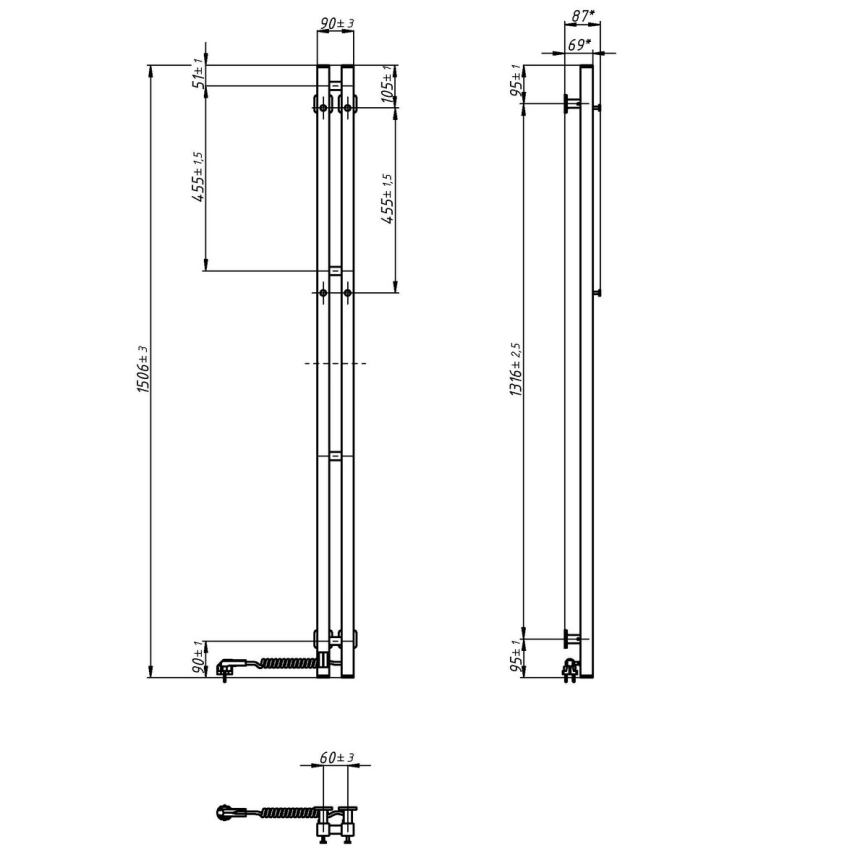 Elektriskais dvieļu žāvētājs ar termostatu SILOUETTE, 106 W, 150 x 9 cm, melns, labais