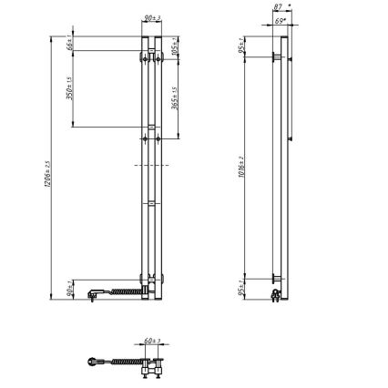 Elektriskais dvieļu žāvētājs ar termostatu SILOUETTE 70W 120x9 cm, melns, labais