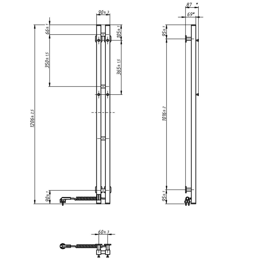 Elektriskais dvieļu žāvētājs ar termostatu SILOUETTE 70W 120x9 cm, melns, labais