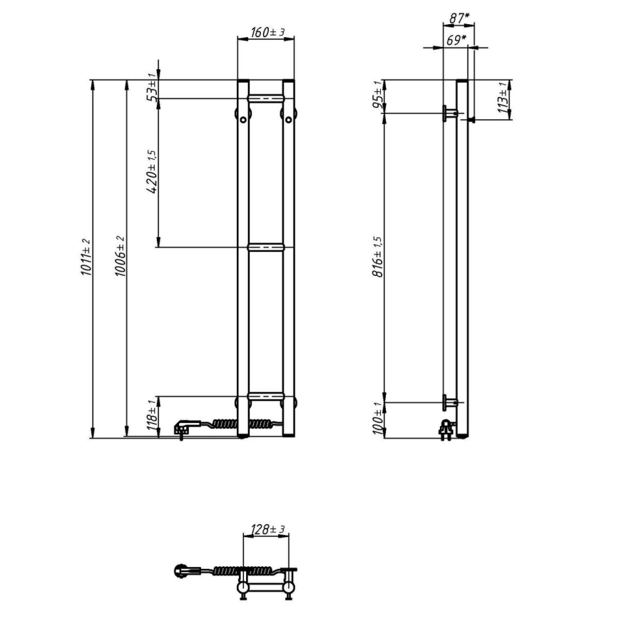 Elektriskais dvieļu žāvētājs SILOUETTE 46W 100x16 cm balts, labais