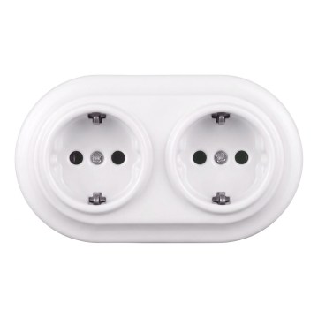 Elhard - Divkārša keramikas retro sienas kontaktligzda ar rāmīti SCHUKO 230V balta