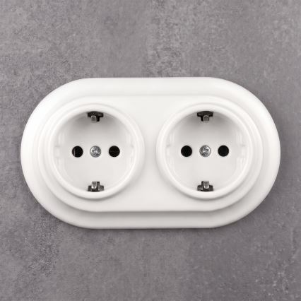 Elhard - Divkārša keramikas retro sienas kontaktligzda ar rāmīti SCHUKO 230V balta