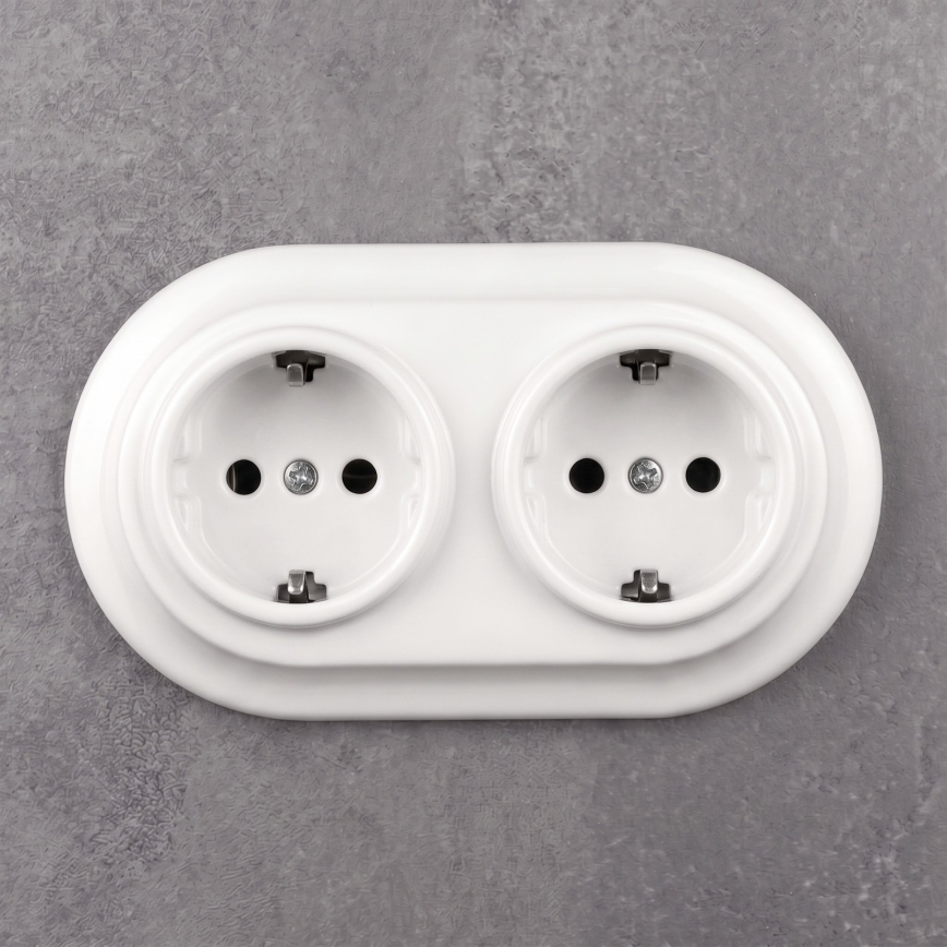 Elhard - Divkārša keramikas retro sienas kontaktligzda ar rāmīti SCHUKO 230V balta