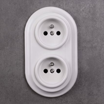 Elhard - Divkārša keramikas retro sienas kontaktligzda ar rāmīti SCHUKO 230V balta