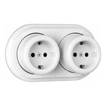 Elhard - divkārša keramikas sienas retro kontaktligzda ar SCHUKO rāmi, 230 V, balta