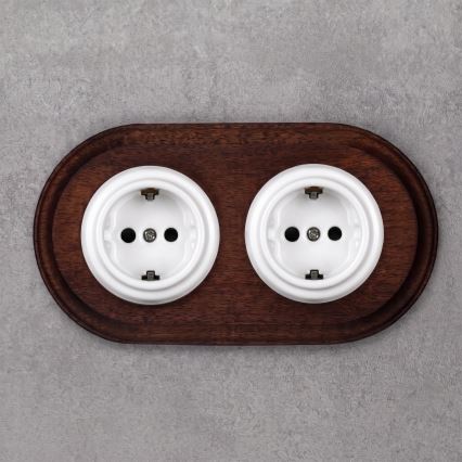 Elhard - Dubulta keramiska retro kontaktligzda ar rāmīti SCHUKO 230V, balta/tumšs koks