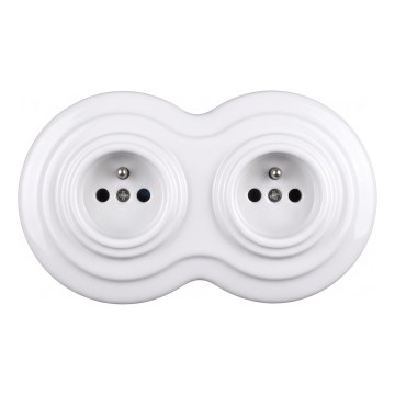 Elhard - Dubultā keramikas retro mājas kontaktligzda ar rāmi, 230 V, balta