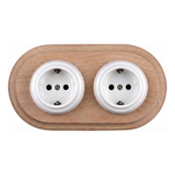 Elhard - Dubultā keramikas retro mājas kontaktligzda ar rāmi SCHUKO 230V balta/gaišs koks
