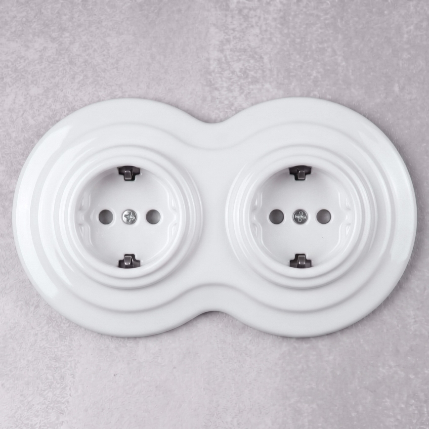 Elhard - Dubultā keramikas retro mājas kontaktligzda ar rāmi SCHUKO 230V balta