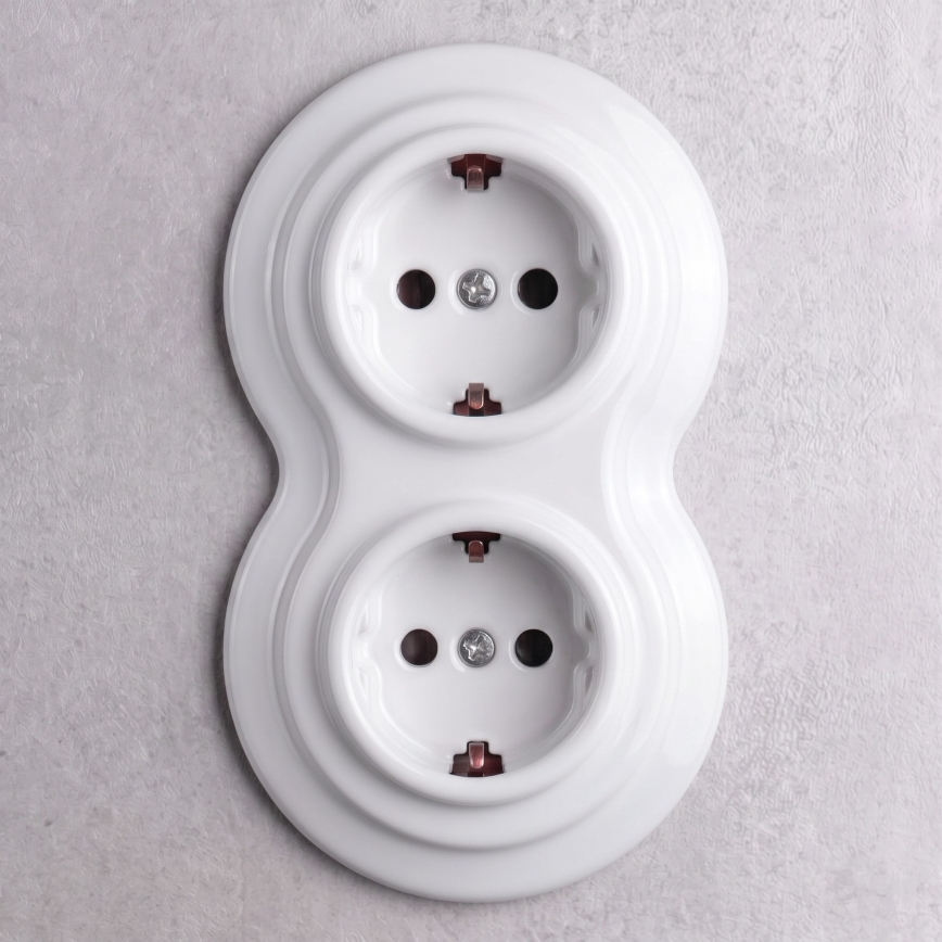 Elhard - Dubultā keramikas retro mājas kontaktligzda ar rāmi SCHUKO 230V balta