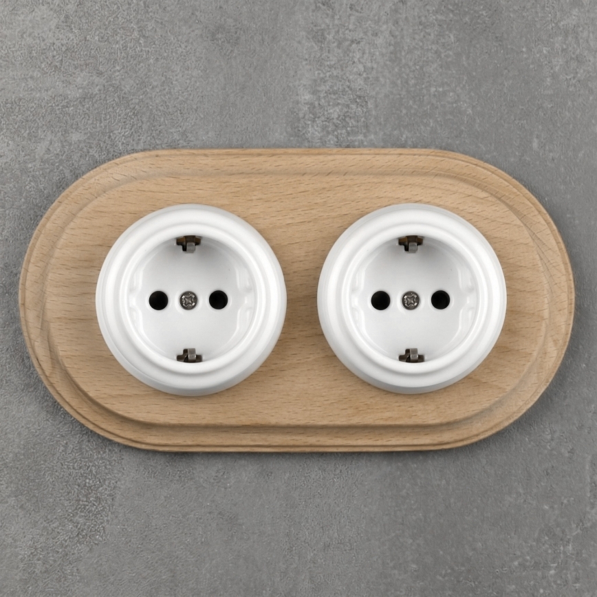 Elhard - Dubultā keramikas retro mājas kontaktligzda ar rāmi SCHUKO 230V balta/gaišs koks