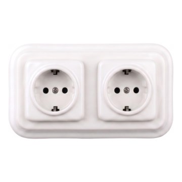 Elhard - Dubultā keramiskā retro kontaktligzda ar SCHUKO rāmi 230V balta