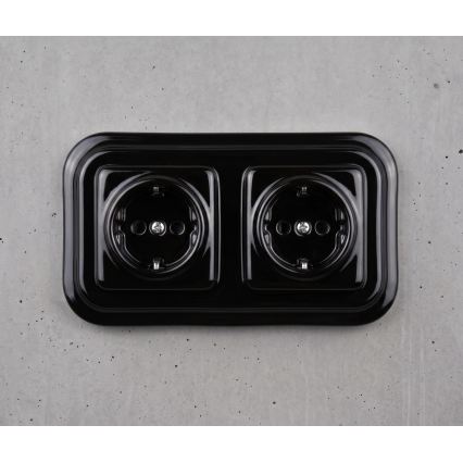Elhard - Dubultā keramiskā retro kontaktligzda ar SCHUKO rāmi, 230V, melna