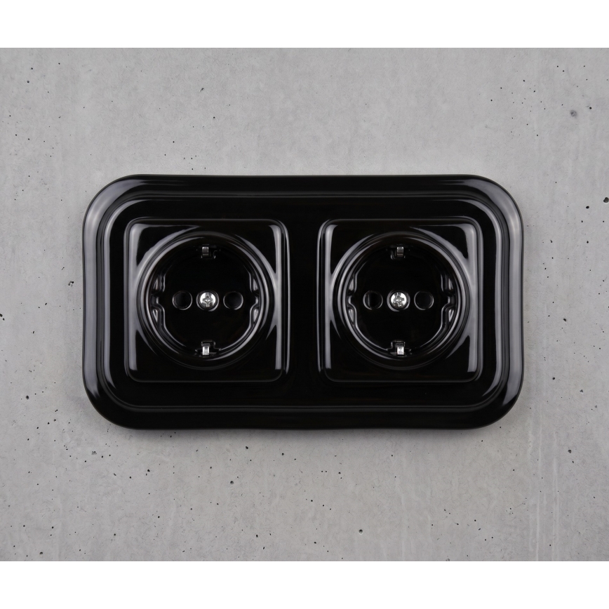 Elhard - Dubultā keramiskā retro kontaktligzda ar SCHUKO rāmi, 230V, melna