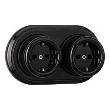 Elhard - Dubultā retro keramiskā sienas kontaktligzda ar rāmi SCHUKO 230V melna