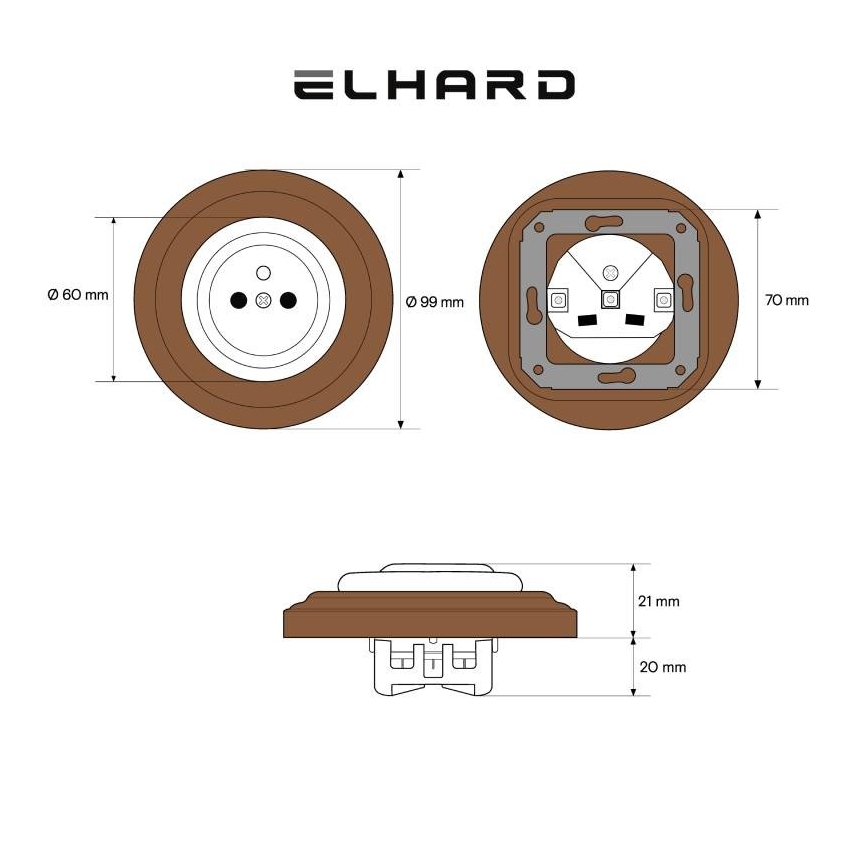 Elhard - Keramiska retro mājas kontaktligzda ar rāmi 230V balta/tumšs koks