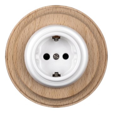 Elhard - Keramiskā retro mājas kontaktligzda ar rāmi SCHUKO 230V, balta/gaišs koks
