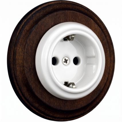 Elhard - Keramiskā retro mājas kontaktligzda ar rāmi SCHUKO 230V balta/tumšs koks